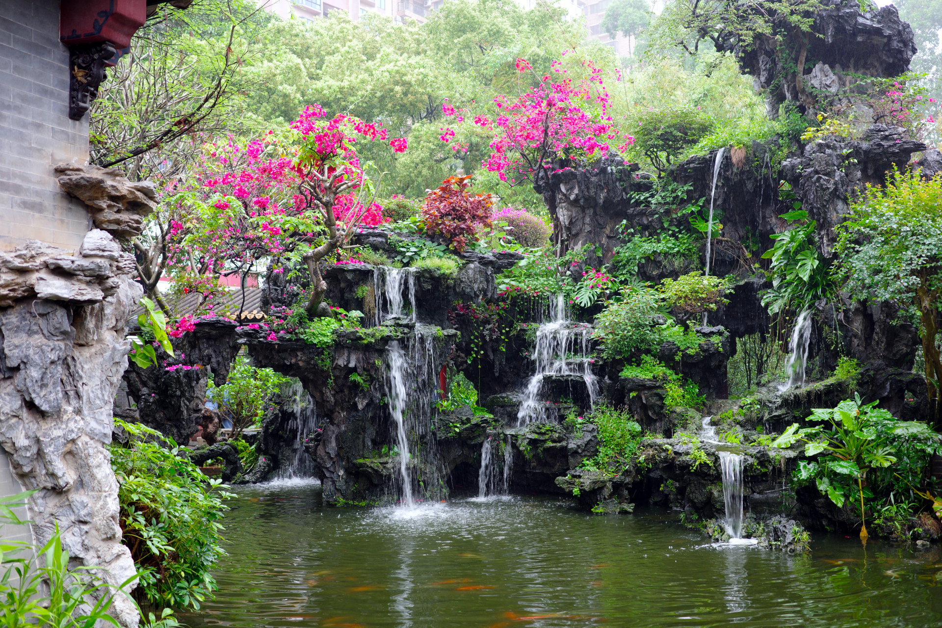 Cascading water flowing into a pond