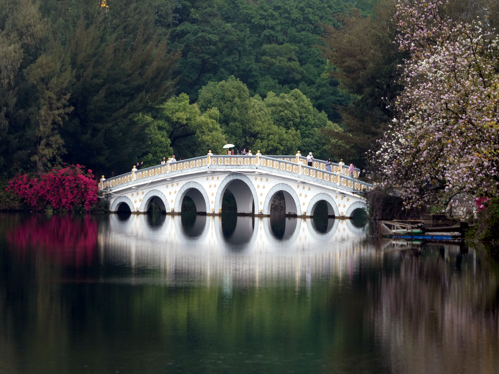 A bridge with reflections on the water